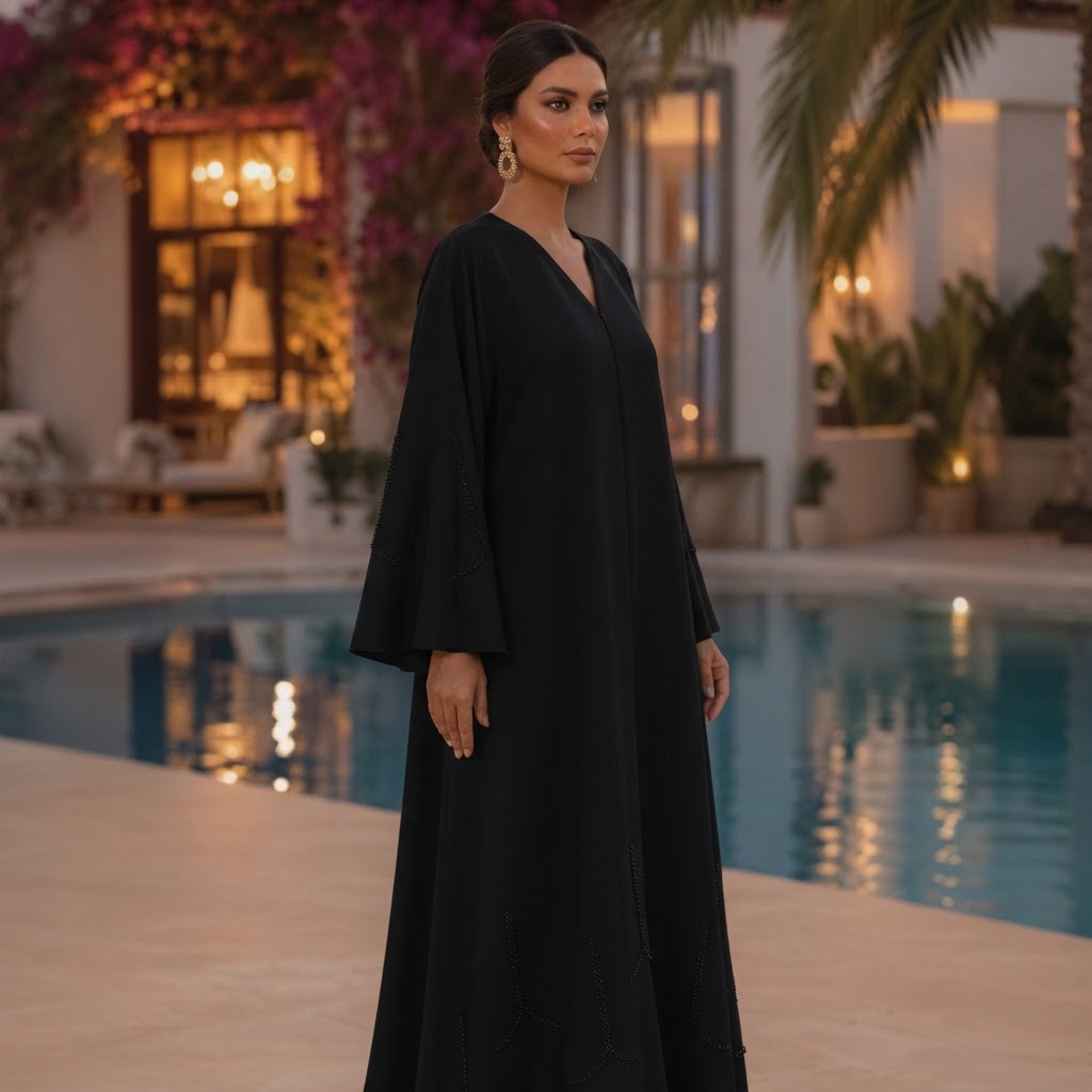 SHADER Deep Navy Black Crepe Abaya with Beaded Butterfly Cuf