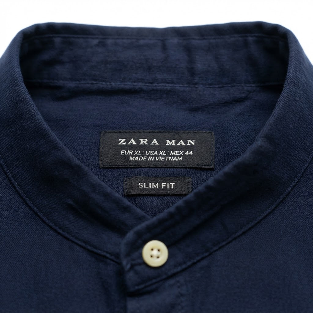 ZARA MAN Men's Blue Linen Mandarin Collar Tailored Shirt