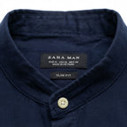 ZARA MAN Men's Blue Linen Mandarin Collar Tailored Shirt