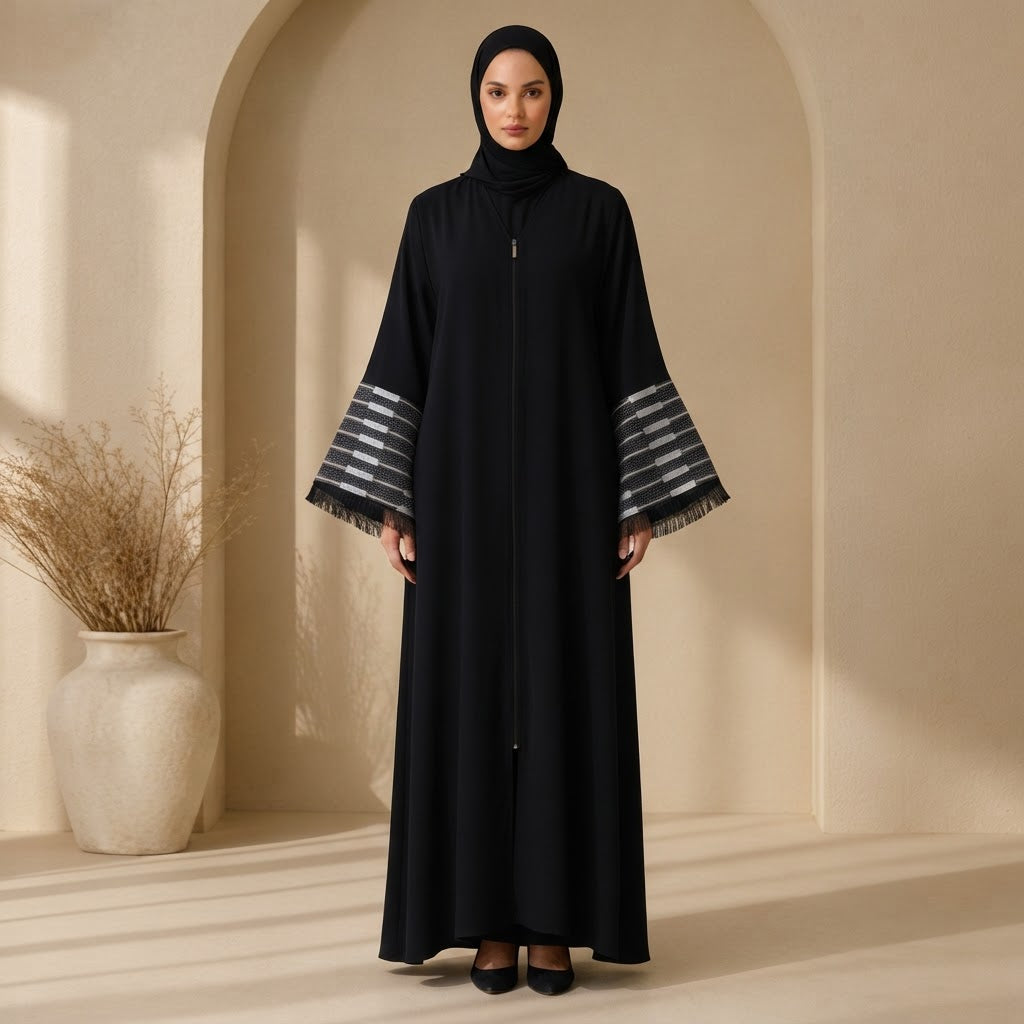 ASALA Deep Navy Zip-Front Abaya with Decorative Fringe Cuffs