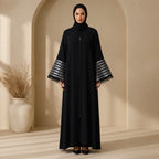 ASALA Deep Navy Zip-Front Abaya with Decorative Fringe Cuffs
