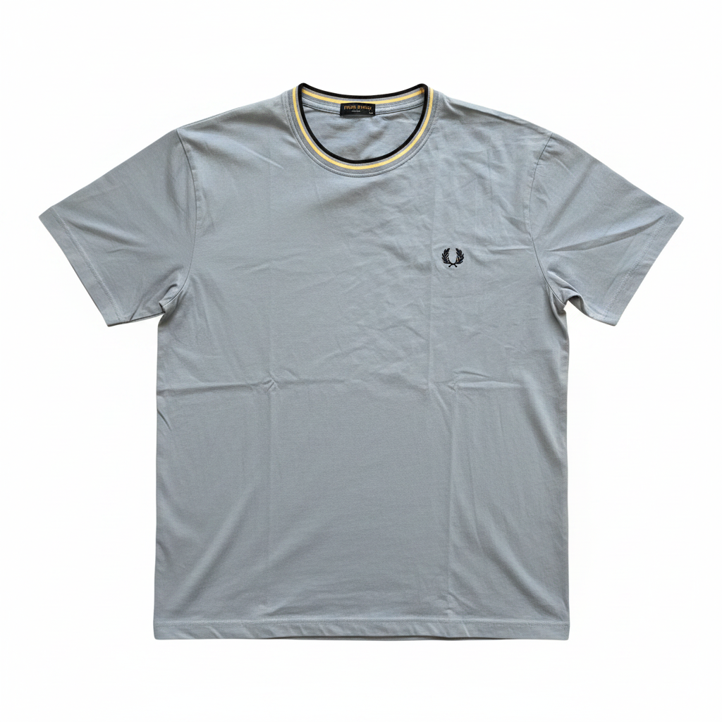 FRED PERRY Men's Light Blue Tipped Crew Neck Cotton T-Shirt