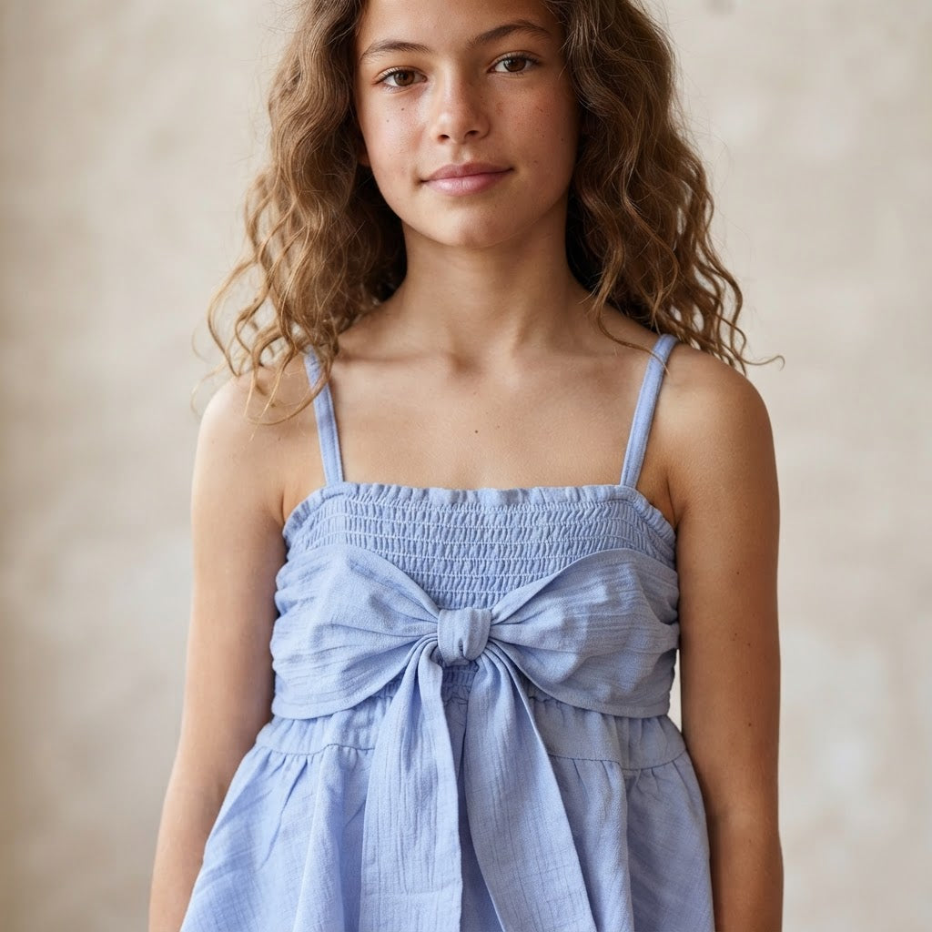 SHEIN Periwinkle Blue Smocked Ruffle Top with Front Bow