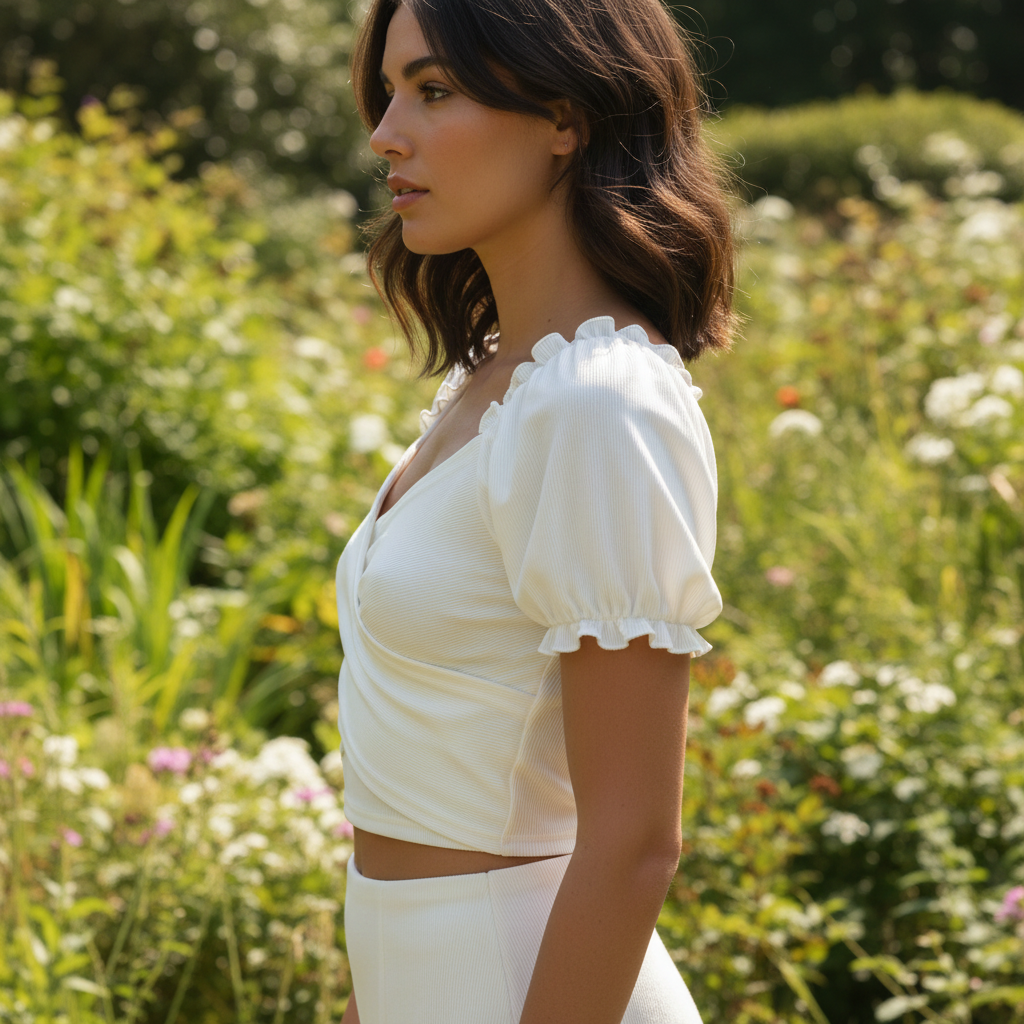 Women's White Ribbed Puff Sleeve Crop Top