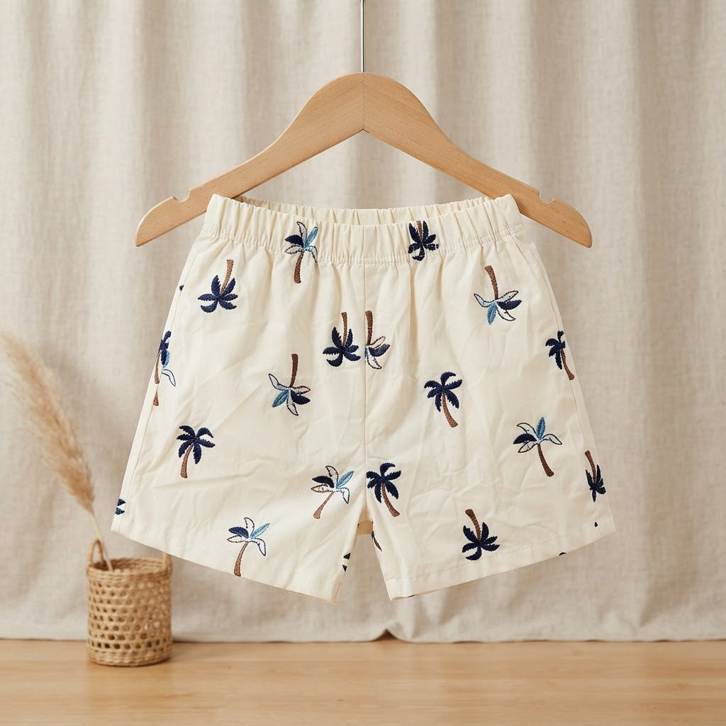 SHEIN Cream Palm Tree Embroidered Pull-On Kids' Shorts