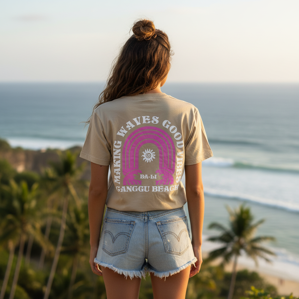 Women's Bali Canggu Beach Graphic T-Shirt - Beige