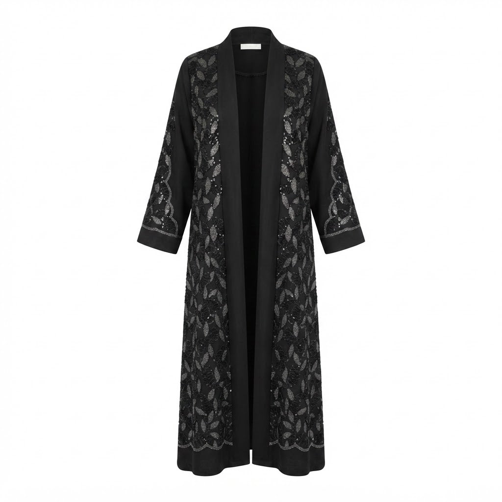 Black Embellished Long-Sleeve Formal Abaya Dress