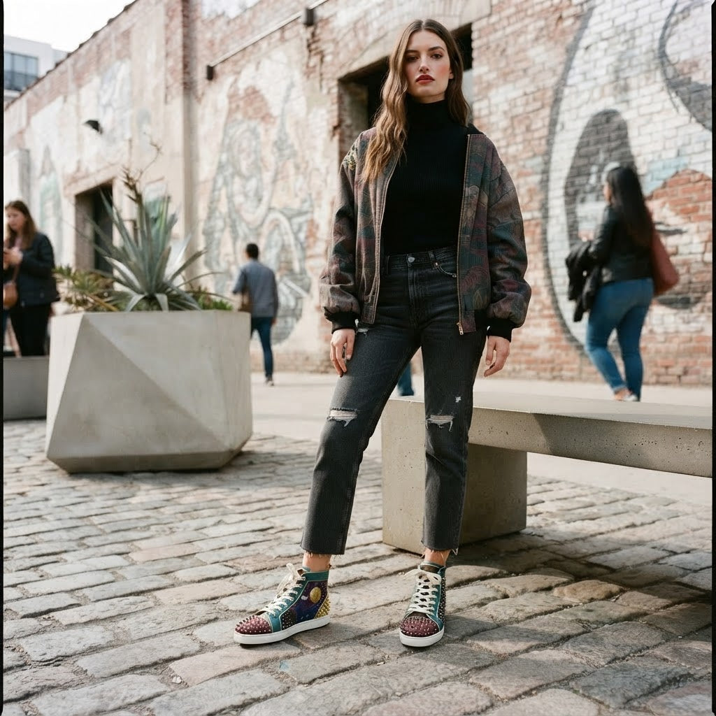 Christian Louboutin Luxury Studded Patchwork High-Top Sneake