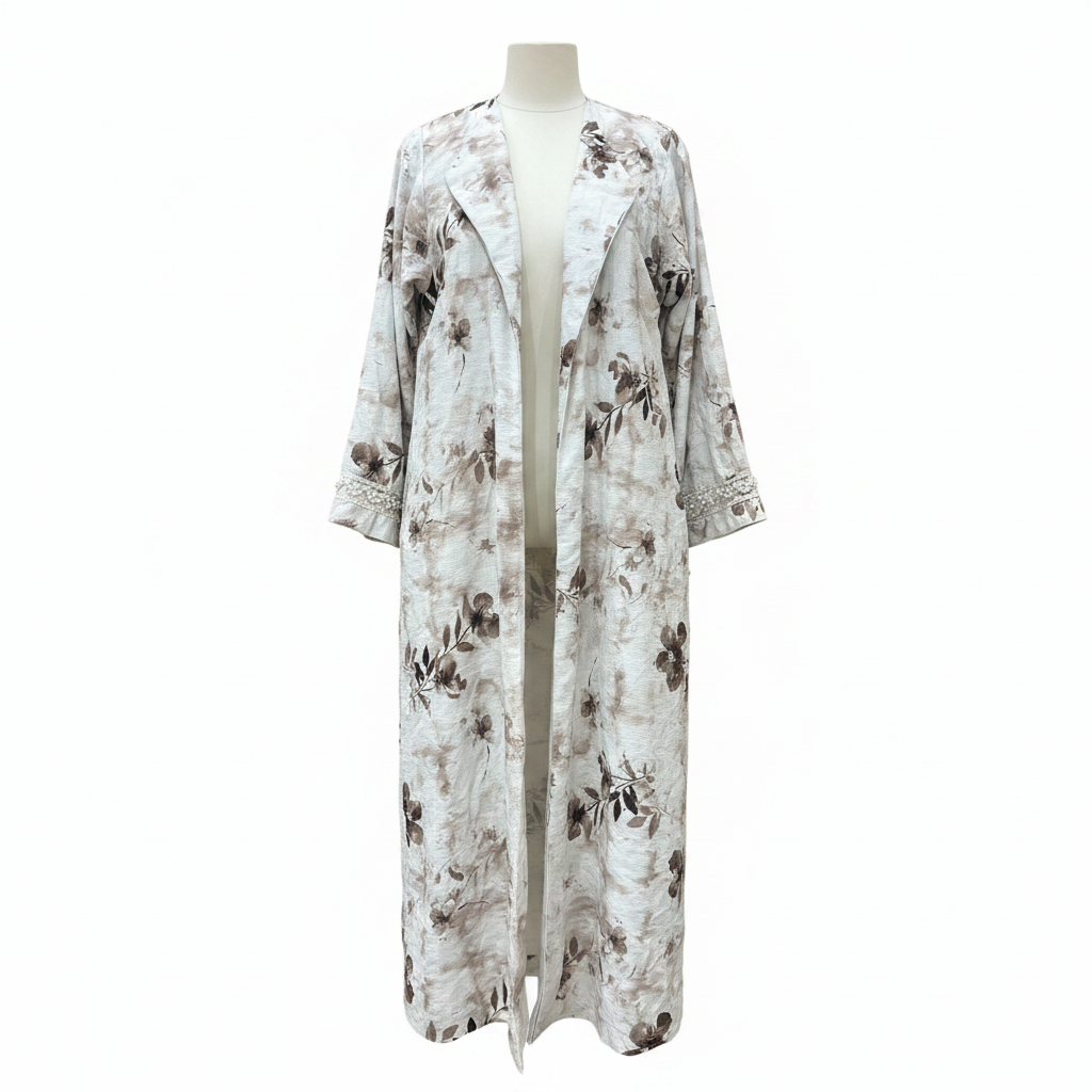 Women's Floral Long Duster Jacket with Pearl Cuffs