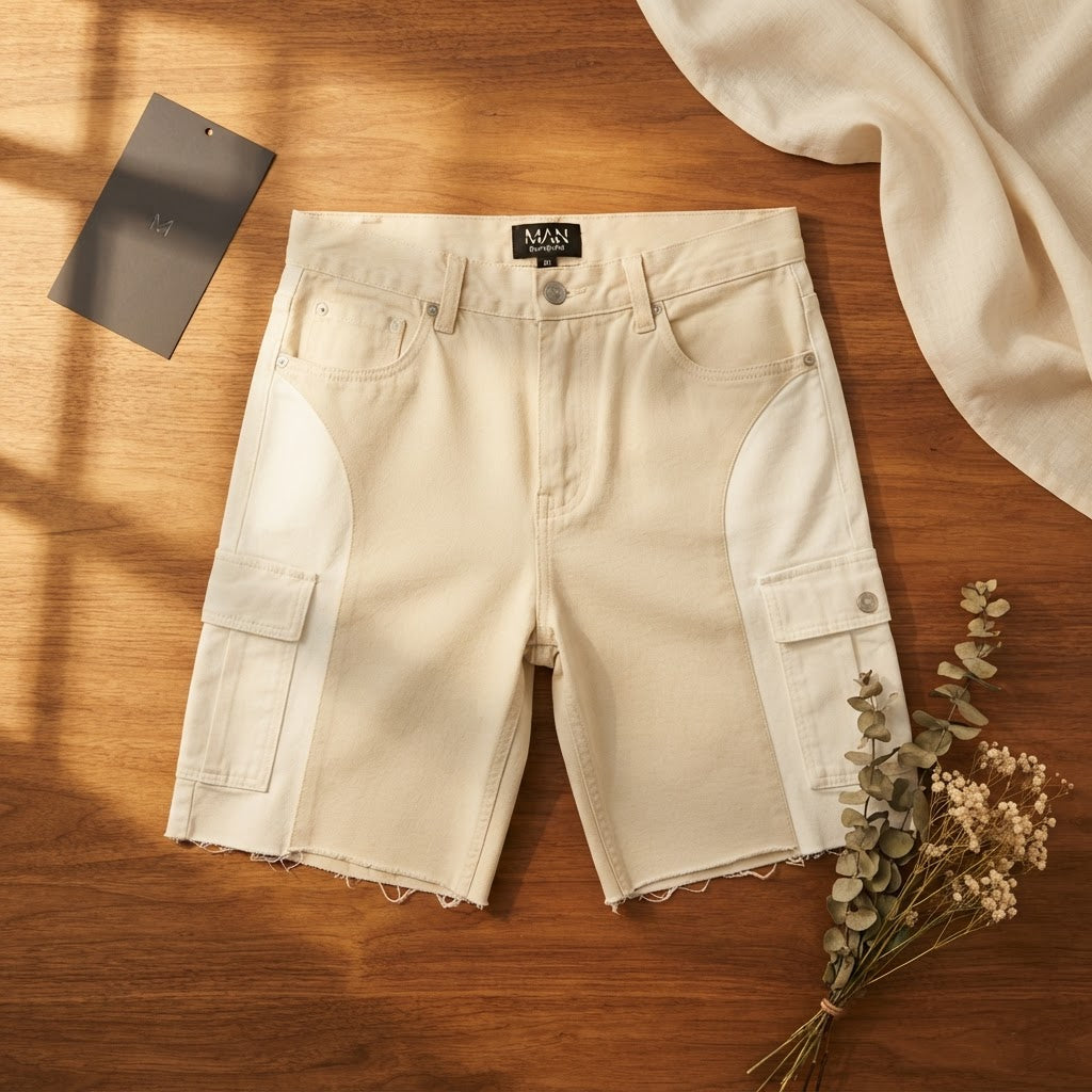 [WearU Generated:merch_flat_lay] BoohooMAN Ecru Cotton Denim Wide-Leg Cargo Shorts – flat lay view
