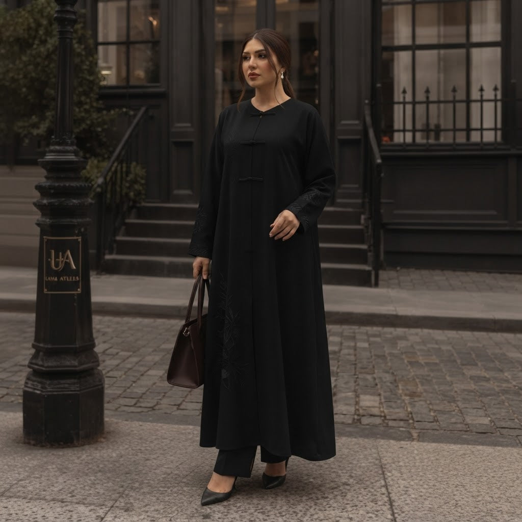 represent Black Embroidered Abaya with Tonal Frog-Knot Closu