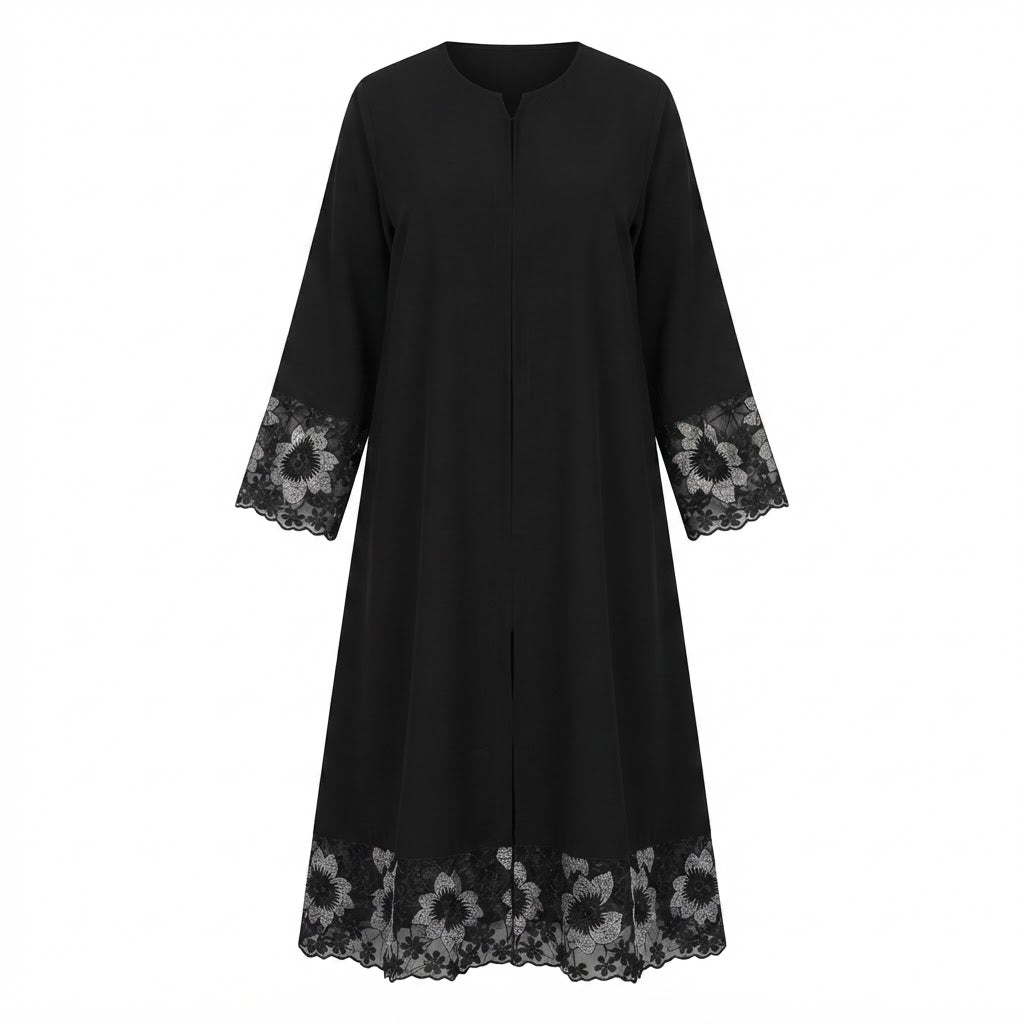 gant Black Embroidered Floral Lace-Trim Floor-Length Abaya