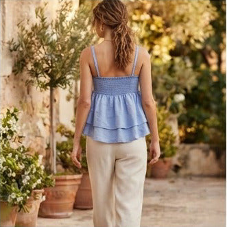 Blue Smocked Bow Tiered Sleeveless Summer Top
