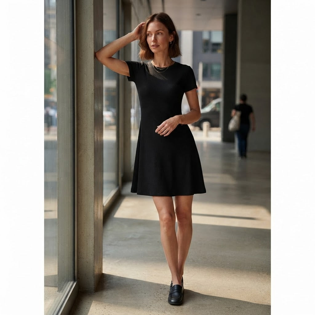 [WearU Generated:campaign_3] Black Cotton Blend A-line Mini Dress – back view