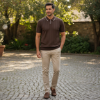 LOOK MAN Brown Ribbed Knit Polo Shirt
