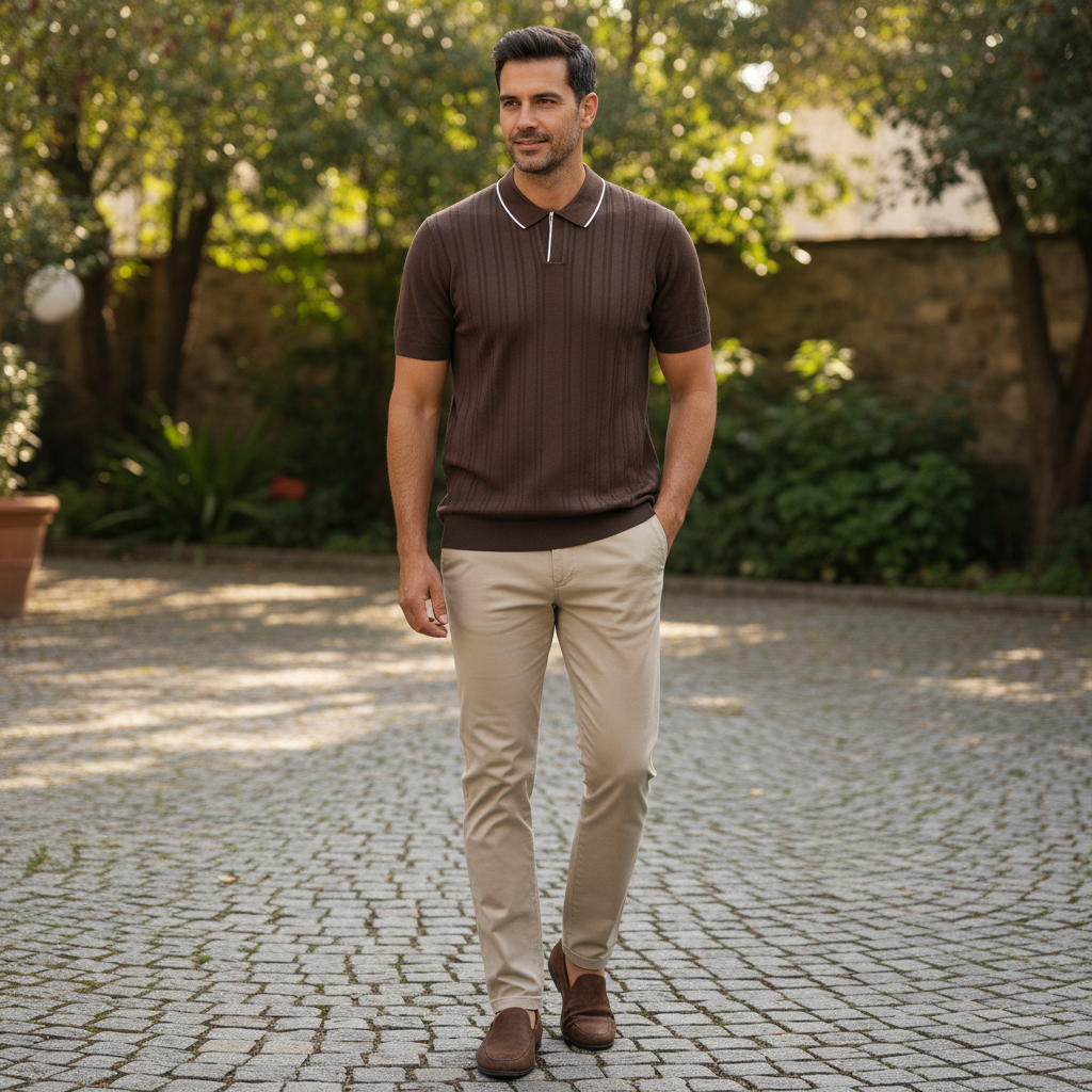 LOOK MAN Brown Ribbed Knit Polo Shirt