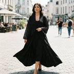 guess Black Open-Front Abaya with Floral Lace Panels