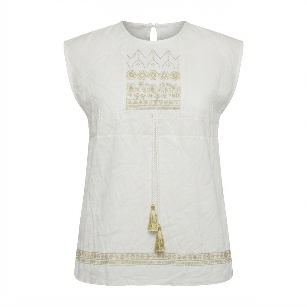 Women's White Embroidered Tassel Waist Tunic Top