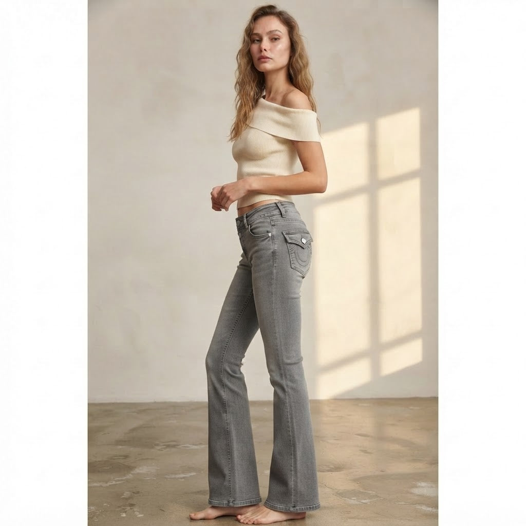 Bershka Grey Bootcut Jeans with Y2K Flap Pockets