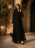 Black Open-Front Abaya with Floral Lace Cuffs and