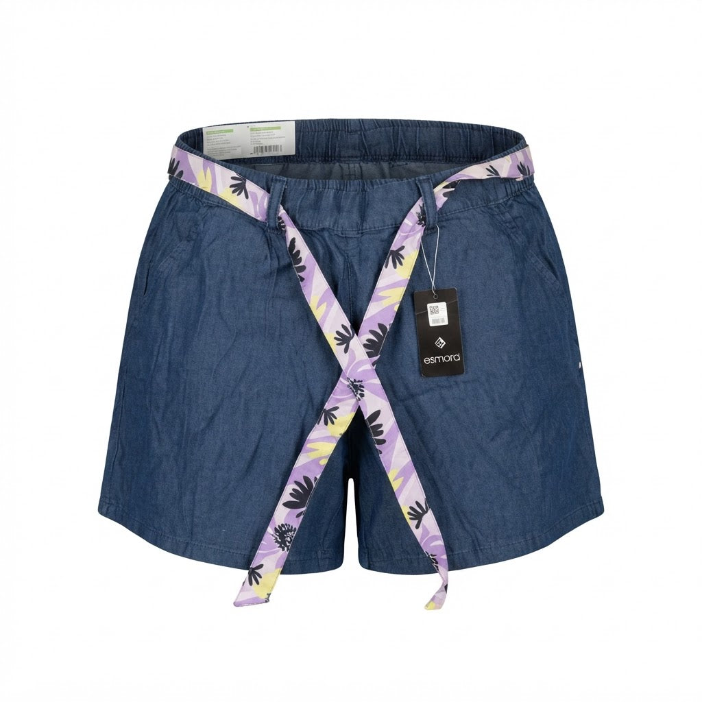 Women's Blue Chambray Shorts with Floral Tie Belt