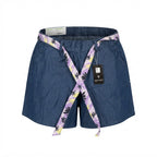 Women's Blue Chambray Shorts with Floral Tie Belt