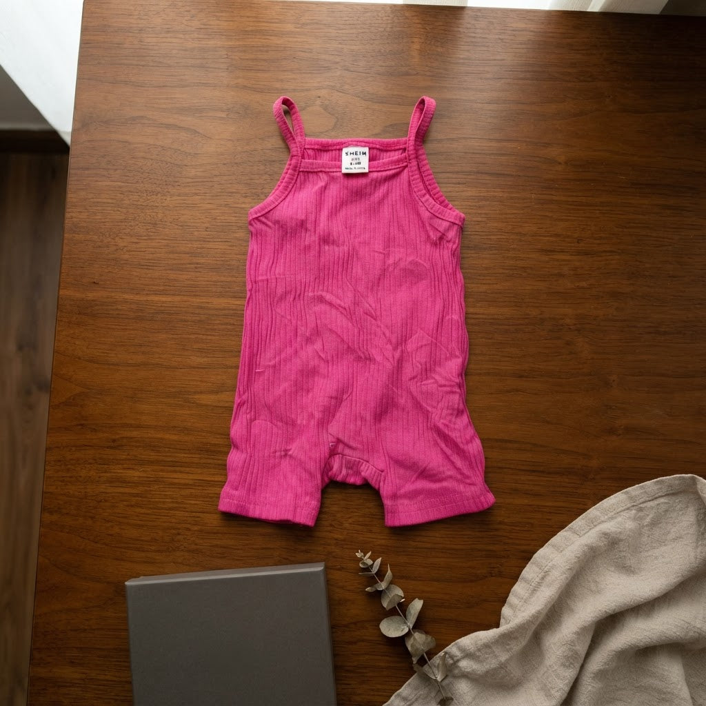 SHEIN Hot Pink Ribbed Double Strap Baby Romper - Size 6-9M