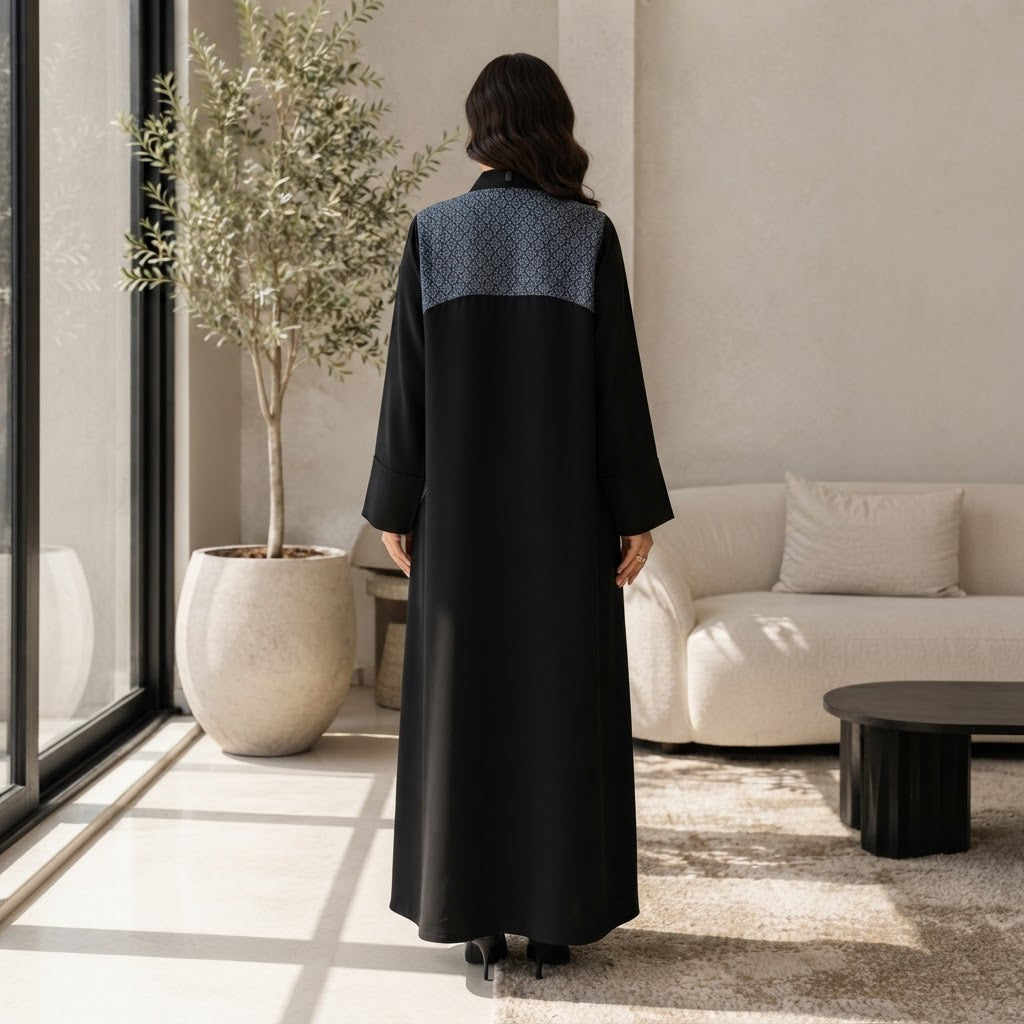 Black Open-Front Bisht Robe with Blue Jacquard Panels