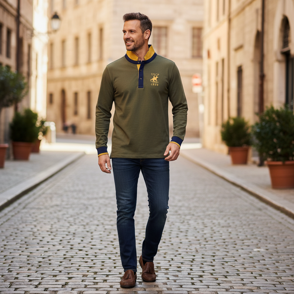 Livergy Men's USGP Long Sleeve Polo Shirt - Olive Green