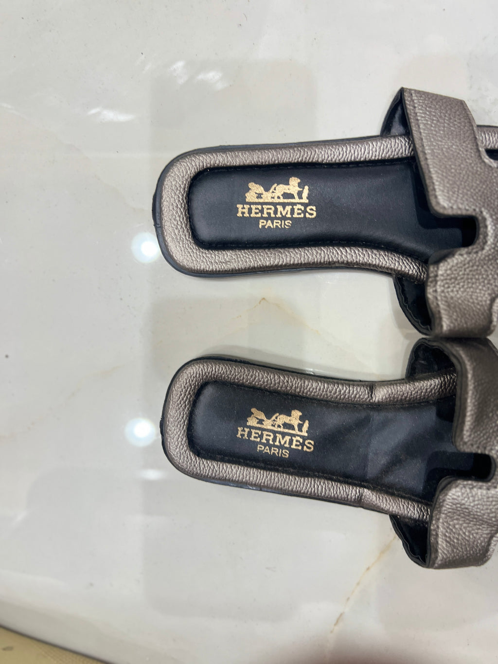 HERMES Gunmetal Metallic Flat Slides with H-Cutout Detail