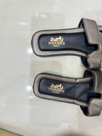 HERMES Gunmetal Metallic Flat Slides with H-Cutout Detail