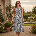 Black and White Abstract Leaf Fit and Flare Midi Dress