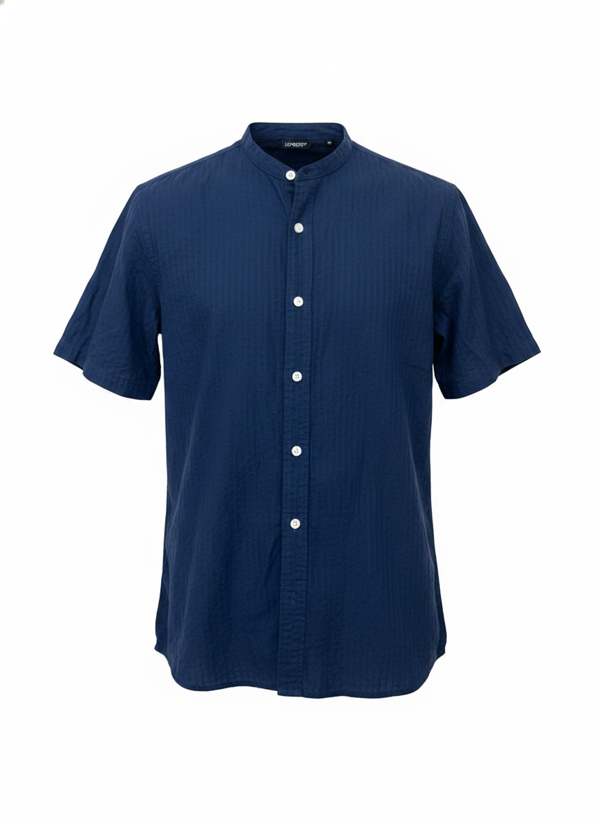 Livergy Short-Sleeve Shirt - Navy Blue Mandarin Collar