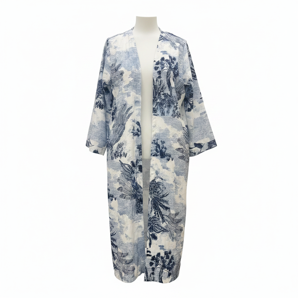 SHEIN Women's Blue and White Tropical Print Long Kimono Robe