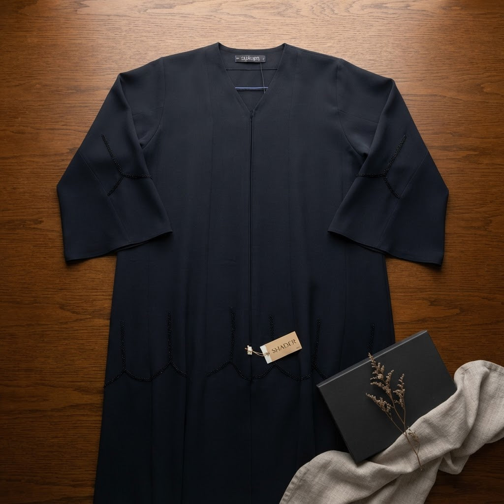 SHADER Deep Navy Black Crepe Abaya with Beaded Butterfly Cuf