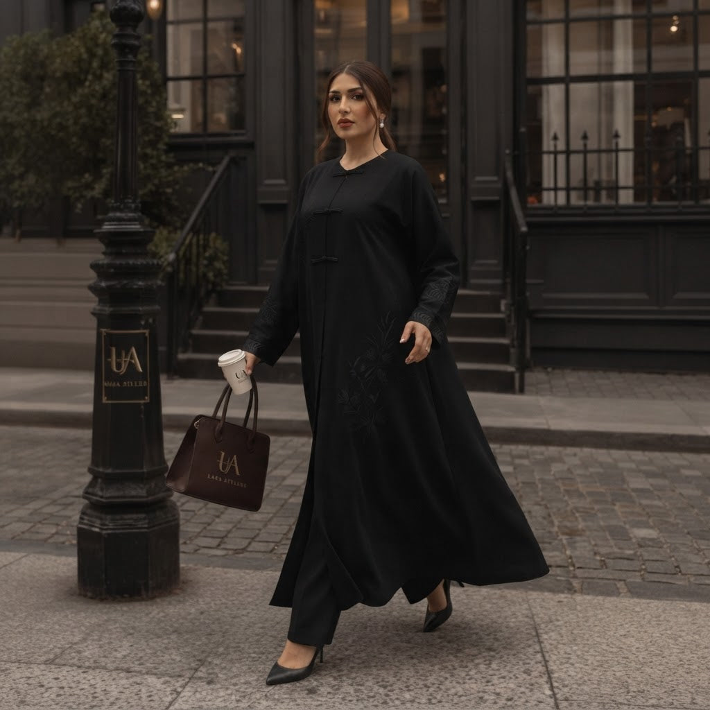 represent Black Embroidered Abaya with Tonal Frog-Knot Closu