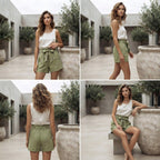 Sage Green Paperbag Waist Linen Shorts with Tie Belt