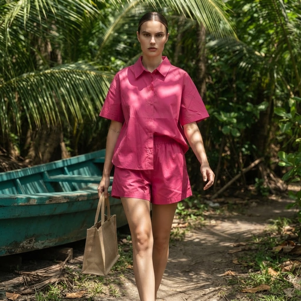 SHEIN Fuchsia Pink Relaxed Short Sleeve Shirt & Shorts Co-or