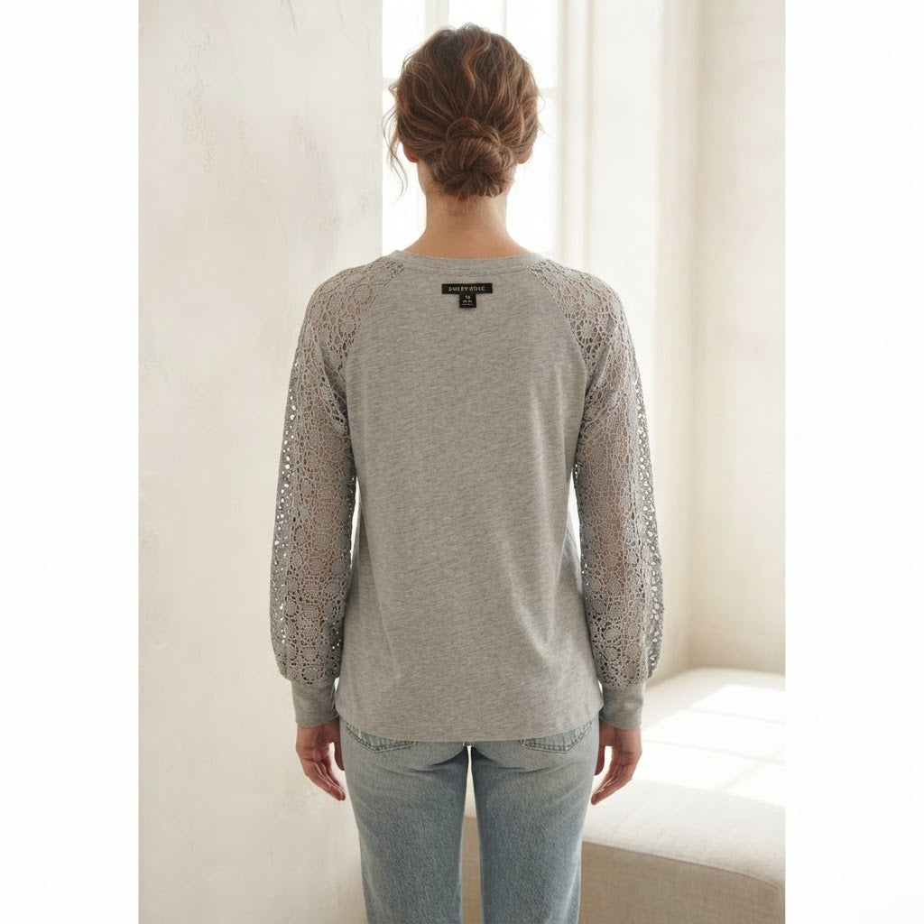 EMERY ROSE Light Heather Grey Top with Crochet Lace Sleeves
