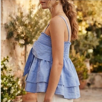 Blue Smocked Bow Tiered Sleeveless Summer Top
