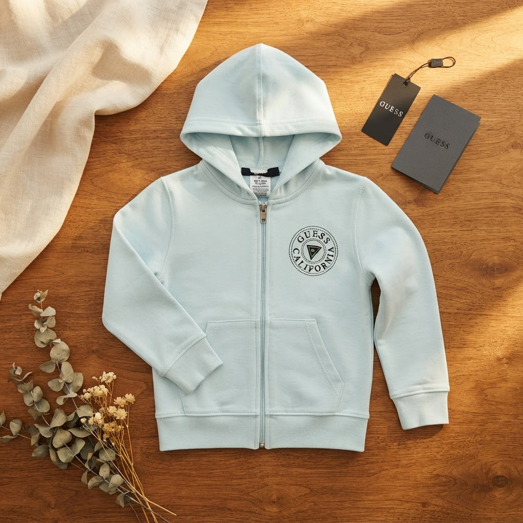 [WearU Generated:merch_flat_lay] Guess Pale Blue Cotton Regular Fit Zip Hoodie – flat lay view