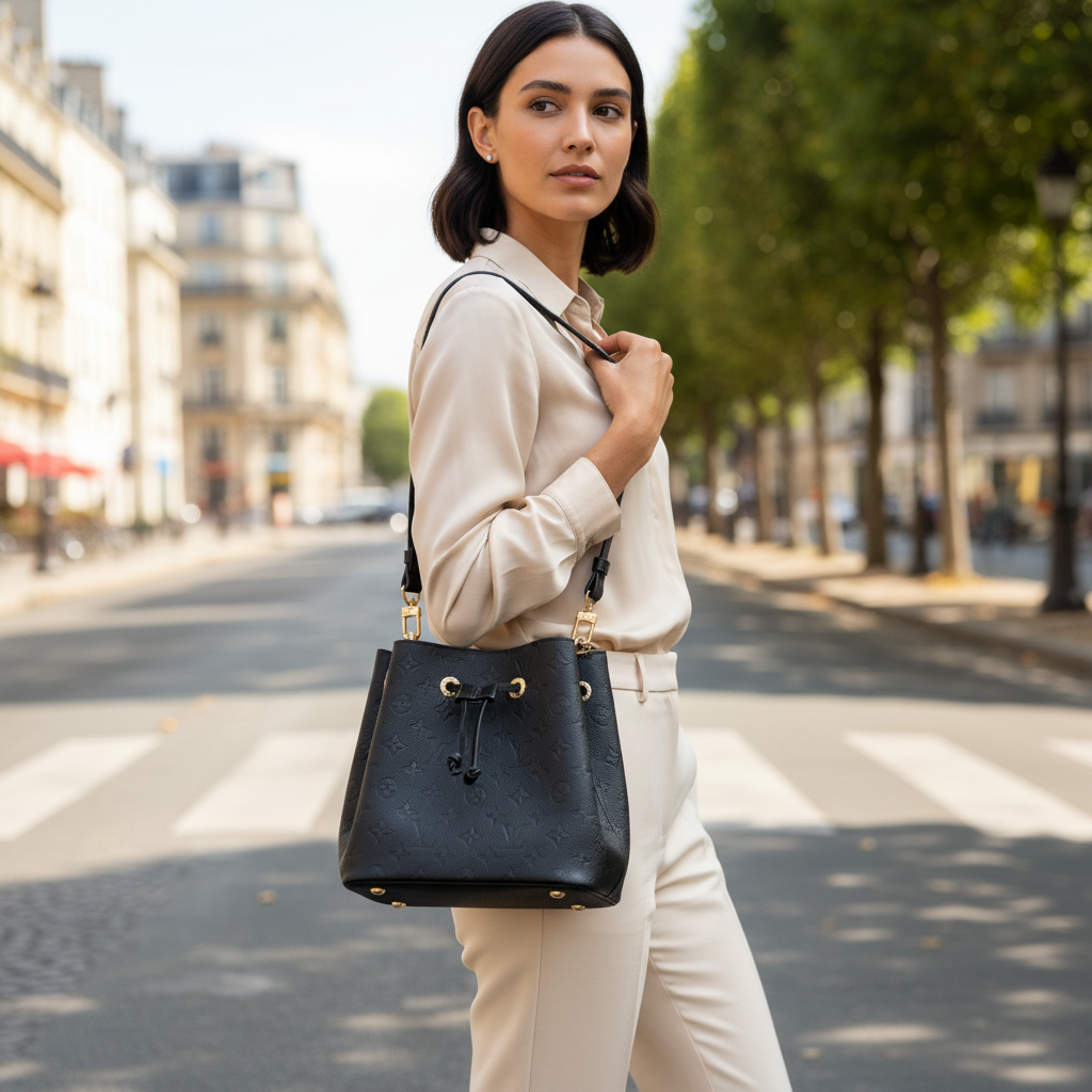 LOUIS VUITTON Women's Black Embossed Drawstring Bucket Bag
