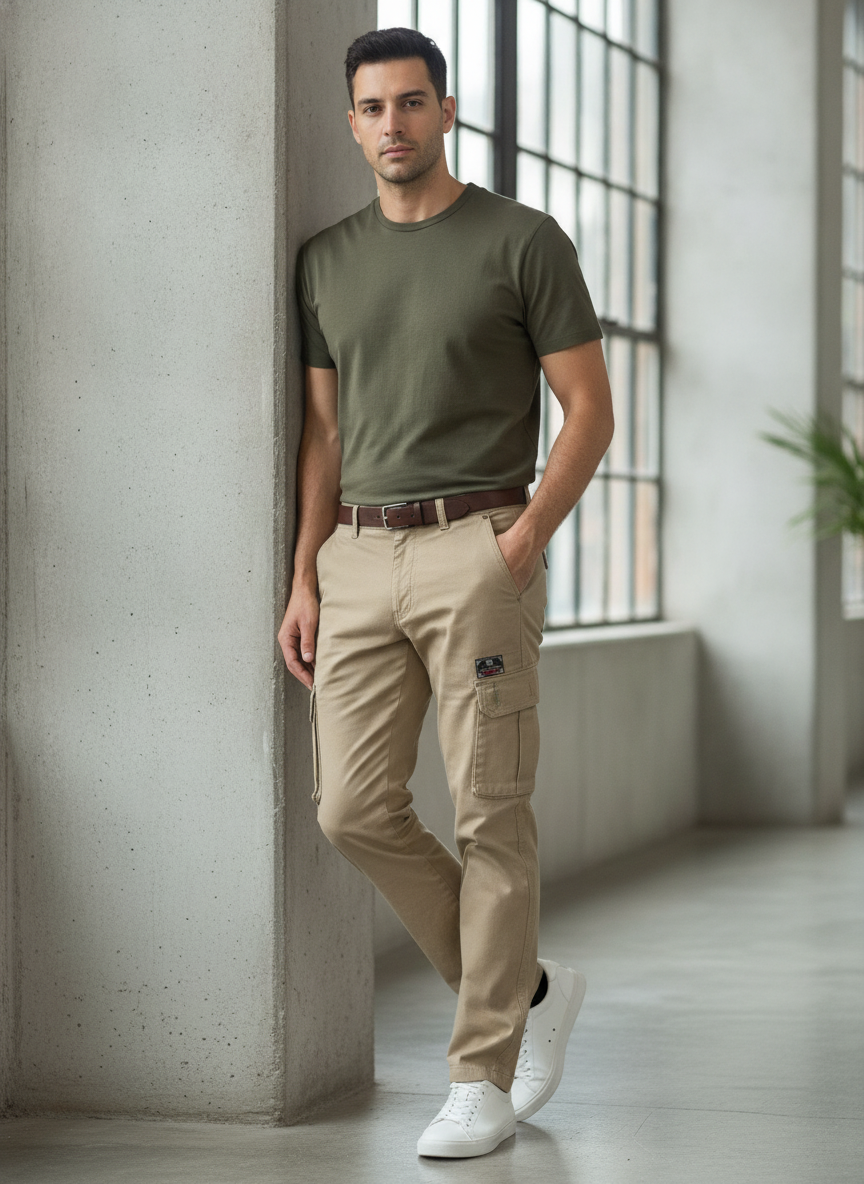FINE ROSE Khaki Slim-Tapered Multi-Pocket Cargo Trousers