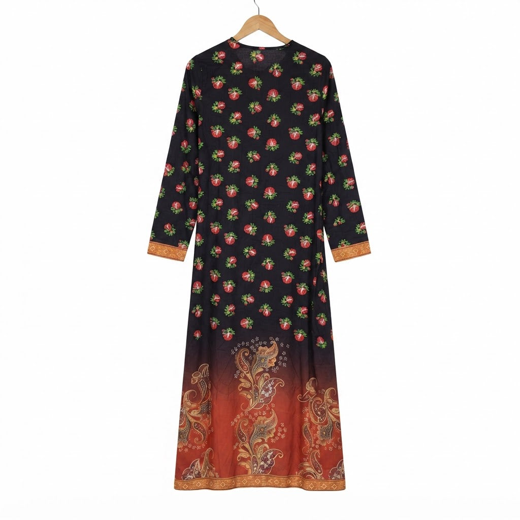 Women's Black Long Floral and Paisley Open-Front Dress
