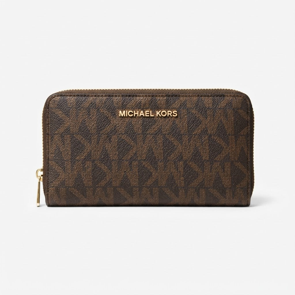 [WearU Generated:merch_clean_front] Michael Kors Dark Brown Monogram Rectangular Zip-Around Wallet – front view