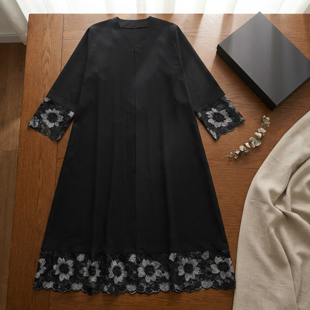 gant Black Embroidered Floral Lace-Trim Floor-Length Abaya