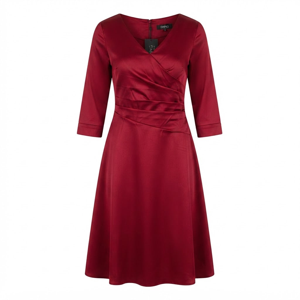 SWING Wine Red Satin Fit-and-Flare Midi Dress with Panelled