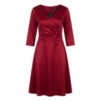 SWING Wine Red Satin Fit-and-Flare Midi Dress with Panelled