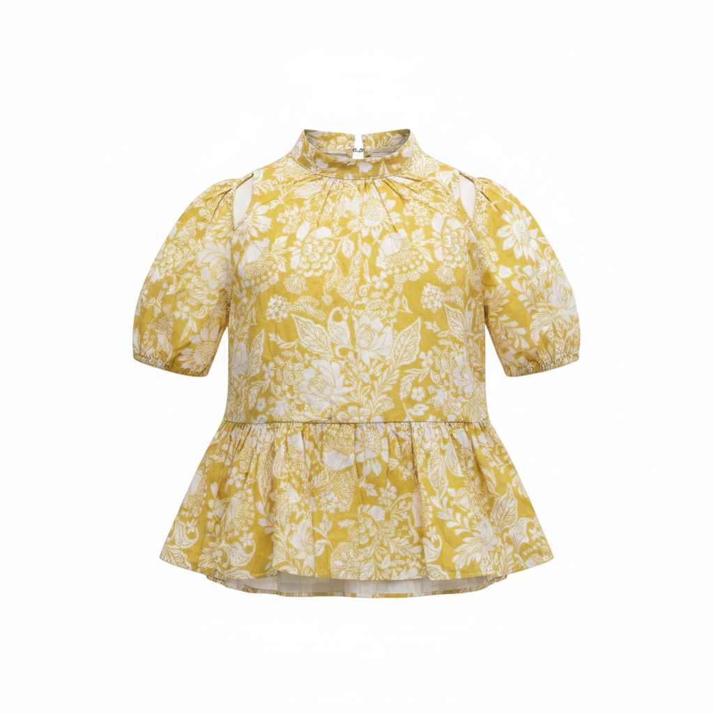 ZARA Women's Yellow Floral Peplum Puff Sleeve Blouse - S