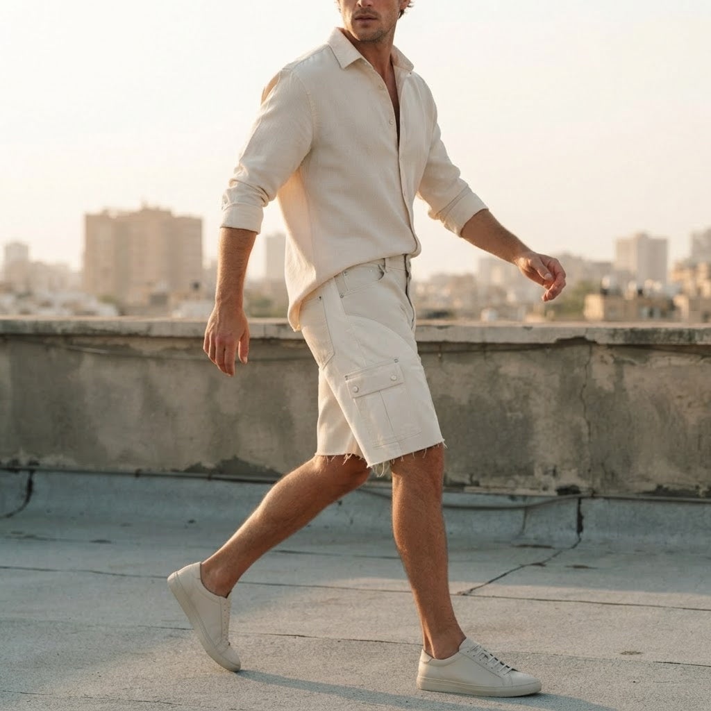 [WearU Generated:campaign_3] BoohooMAN Ecru Cotton Denim Wide-Leg Cargo Shorts – back view